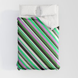 [ Thumbnail: Green, Violet, Forest Green, Black, and White Colored Stripes Pattern Comforter ]