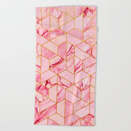 Pink Marble Hexagonal Pattern Beach Towel