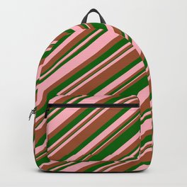 [ Thumbnail: Light Pink, Sienna, and Dark Green Colored Stripes Pattern Backpack ]