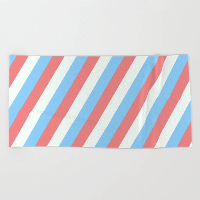 Light Sky Blue, Light Coral, and Mint Cream Colored Lined Pattern Beach Towel