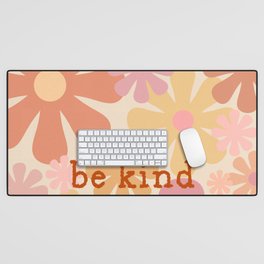 Be Kind Motivational Typography with Retro 60s 70s Floral Pattern Pink Orange Yellow Desk Mat