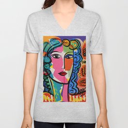 French Portrait Colorful Woman Fauvism by Emmanuel Signorino V Neck T Shirt
