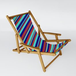 [ Thumbnail: Blue, Red & Turquoise Colored Stripes Pattern Sling Chair ]