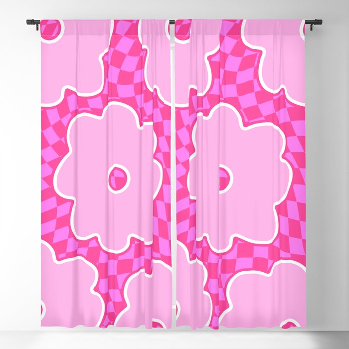 Hot Pink Flowers on Checkered Swirled Squares Blackout Curtain