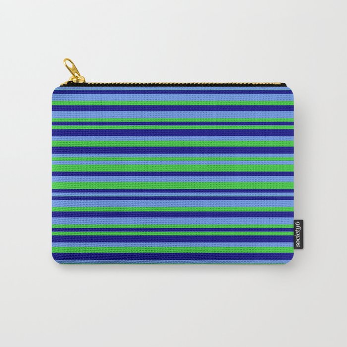 Cornflower Blue, Lime Green, and Blue Colored Striped/Lined Pattern Carry-All Pouch