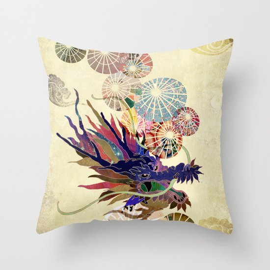 Dragon with unbrellas Throw Pillow