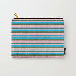 [ Thumbnail: Deep Sky Blue, Dark Olive Green & Pink Colored Lined/Striped Pattern Carry-All Pouch ]