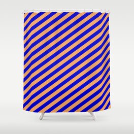[ Thumbnail: Brown and Blue Colored Striped Pattern Shower Curtain ]