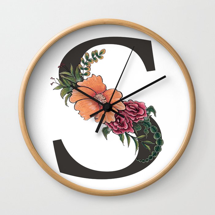 Monogram Letter S with Flowers Wall Clock