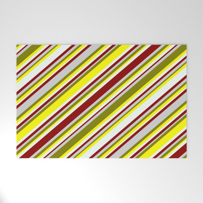 Eyecatching Green, Yellow, Mint Cream, Dark Red, and Light Gray Colored Lined Pattern Welcome Mat