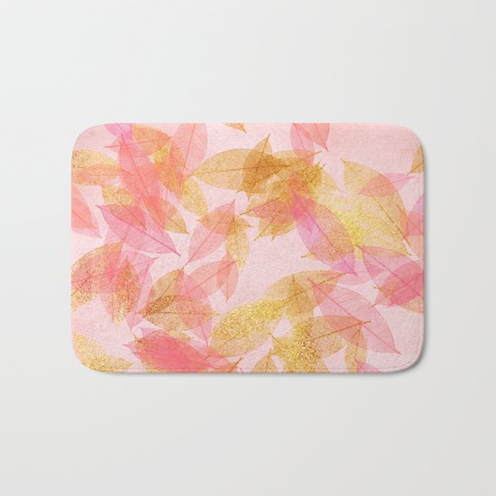 Autumn-world- gold leaves on pink Bath Mat