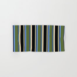 [ Thumbnail: Cornflower Blue, Dark Olive Green, Bisque, and Black Colored Striped Pattern Hand & Bath Towel ]