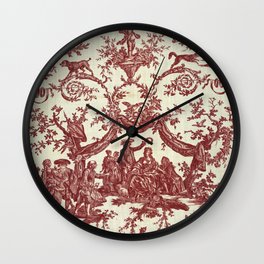 Red Toile Woman Being Crowned with a Circlet of Roses Wall Clock
