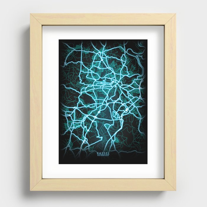 Kassel, Germany, Blue, White, Neon, Glow, City, Map Recessed Framed Print