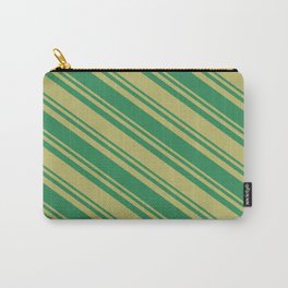 [ Thumbnail: Dark Khaki & Sea Green Colored Striped Pattern Carry-All Pouch ]
