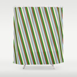 [ Thumbnail: Eyecatching Dark Grey, Beige, Forest Green, Sienna, and Light Blue Colored Stripes/Lines Pattern Shower Curtain ]