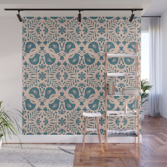 Scandinavian Folk Art Blue Wall Mural By Lillymarfy