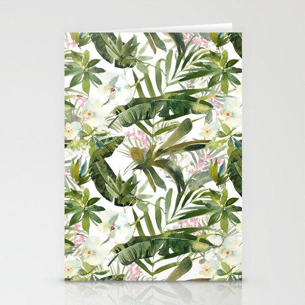 Watercolor pink forest green white orchid tropical floral Stationery Cards