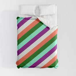[ Thumbnail: Eyecatching Aquamarine, Purple, Mint Cream, Red, and Dark Green Colored Pattern of Stripes Duvet Cover ]