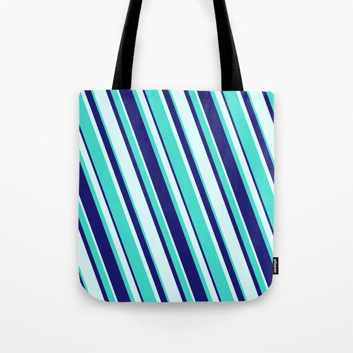 Turquoise, Midnight Blue, and Light Cyan Colored Stripes/Lines Pattern Tote Bag