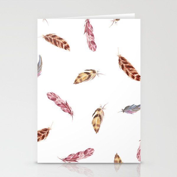 Watercolor cozy feather pattern in boho style. Gray, pink, yellow, brown, colors. Stationery Cards