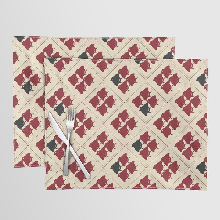 Japanese Traditional Red Chick Pattern in Light Yellow Background, Digital Illustration Placemat