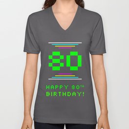 [ Thumbnail: 80th Birthday - Nerdy Geeky Pixelated 8-Bit Computing Graphics Inspired Look V Neck T Shirt V-Neck T-Shirt ]