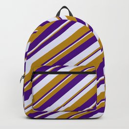 [ Thumbnail: Dark Goldenrod, Indigo, and Lavender Colored Lined Pattern Backpack ]