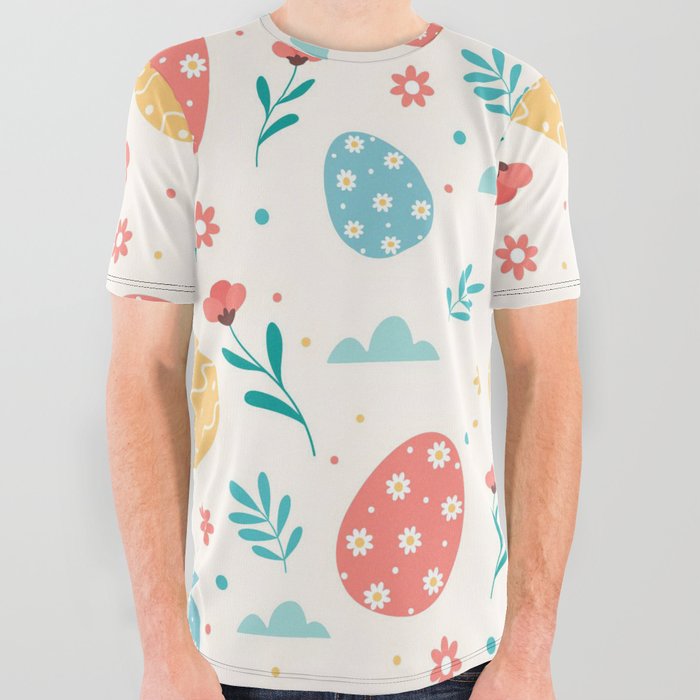 Happy Easter Vintage Red Egg Floral Collection All Over Graphic Tee