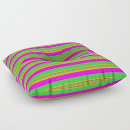 [ Thumbnail: Lime Green, Orange, and Fuchsia Colored Lined Pattern Floor Pillow ]