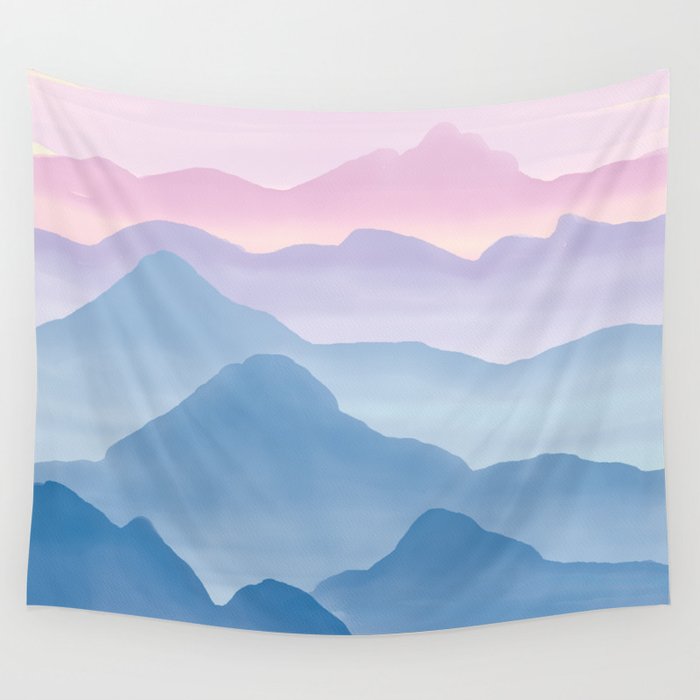 Magical Candy Hand-painted Watercolor Mountains, Abstract Airy Mountain Landscape in Pastel Blue, Violet and Purple Hues Wall Tapestry