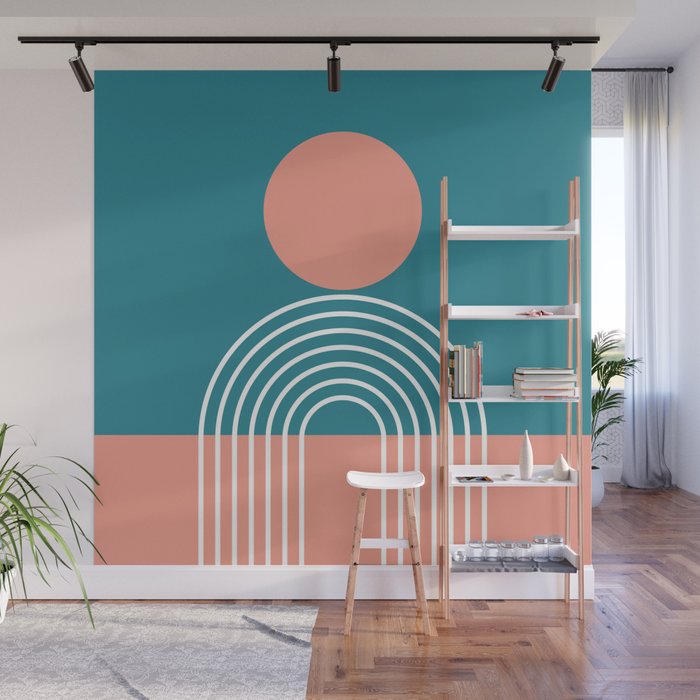 Geometric Lines in Teal and Coral (Sun and Rainbow abstraction) Wall Mural