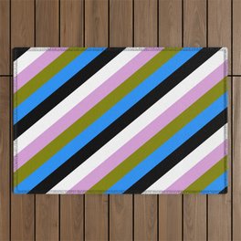 [ Thumbnail: Eye-catching Plum, Green, Blue, Black, and White Colored Stripes Pattern Outdoor Rug ]