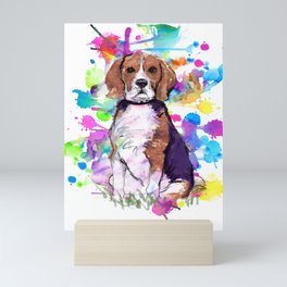 Cute watercolor beagle with paint splatters Mini Art Print