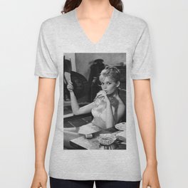 Brigitte Bardot Drinking and Smoking a Cigarette black and white photography / art photograph V Neck T Shirt