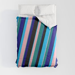 [ Thumbnail: Colorful Deep Sky Blue, Light Pink, Teal, Blue & Black Colored Lined Pattern Comforter ]