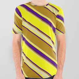 [ Thumbnail: Yellow, Indigo, Dark Goldenrod, and Pale Goldenrod Colored Stripes/Lines Pattern All Over Graphic Tee ]