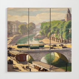 River Seine, Paris, France, Pont Saint Michel impressionist oil, riverscape painting by Jules Leon Flandrin Wood Wall Art