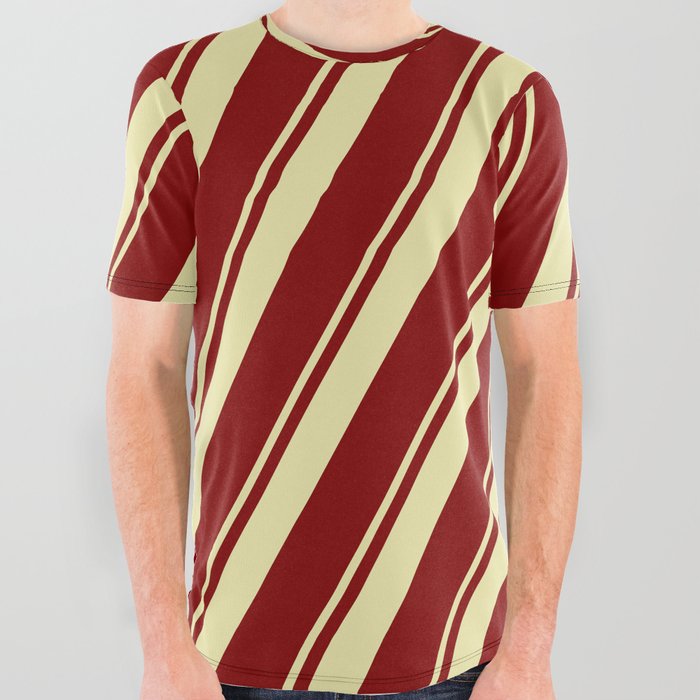 Maroon & Pale Goldenrod Colored Lines Pattern All Over Graphic Tee