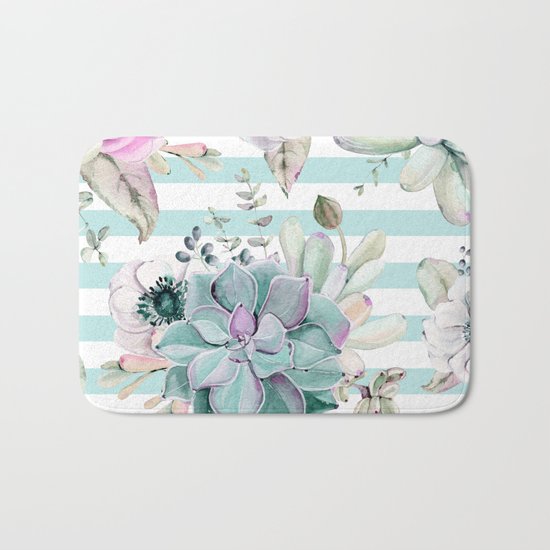 Succulent Garden Striped Succulent Blue Bath Mat