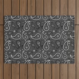 Black and White Paisley Pattern on Dark Grey Background Outdoor Rug