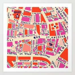 paris map pink Art Print | Map, Drawing, French, Paris, Street, France, Illustration, Graphic Design, Ink Pen, City 