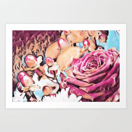 Textured illustration with rose and berries Art Print