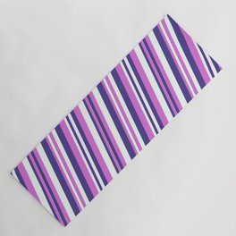 [ Thumbnail: Dark Slate Blue, Orchid, and Mint Cream Colored Pattern of Stripes Yoga Mat ]