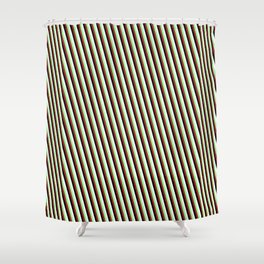 [ Thumbnail: Green, Brown, Black & White Colored Stripes Pattern Shower Curtain ]