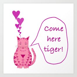 Pink and purple Valentine cat with hearts Art Print
