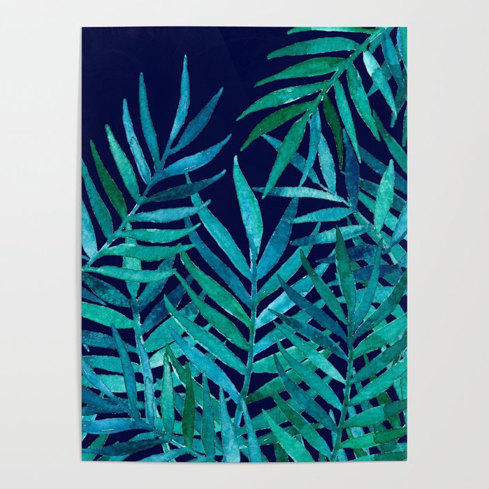 Watercolor Palm Leaves on Navy Poster