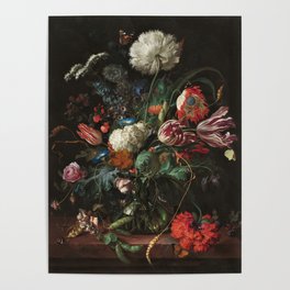 Still Life Parrot Tulips, Peonies, Hibiscus, Hydranga, Periwinkle Flowers in Vase by Jan de Heem Poster