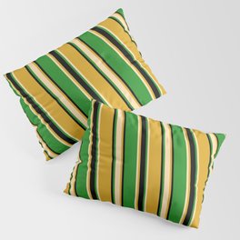 [ Thumbnail: Goldenrod, Tan, Forest Green, and Black Colored Striped/Lined Pattern Pillow Sham ]