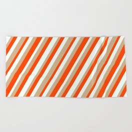 [ Thumbnail: Red, Mint Cream, and Tan Colored Lines Pattern Beach Towel ]